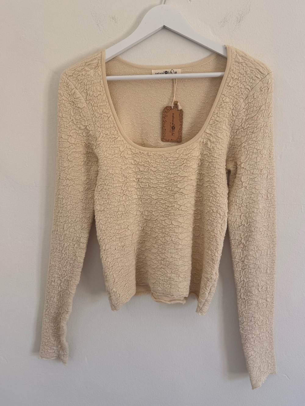 NATURAL LIFE Cream Textured Scoop Neck Long Sleeve Top